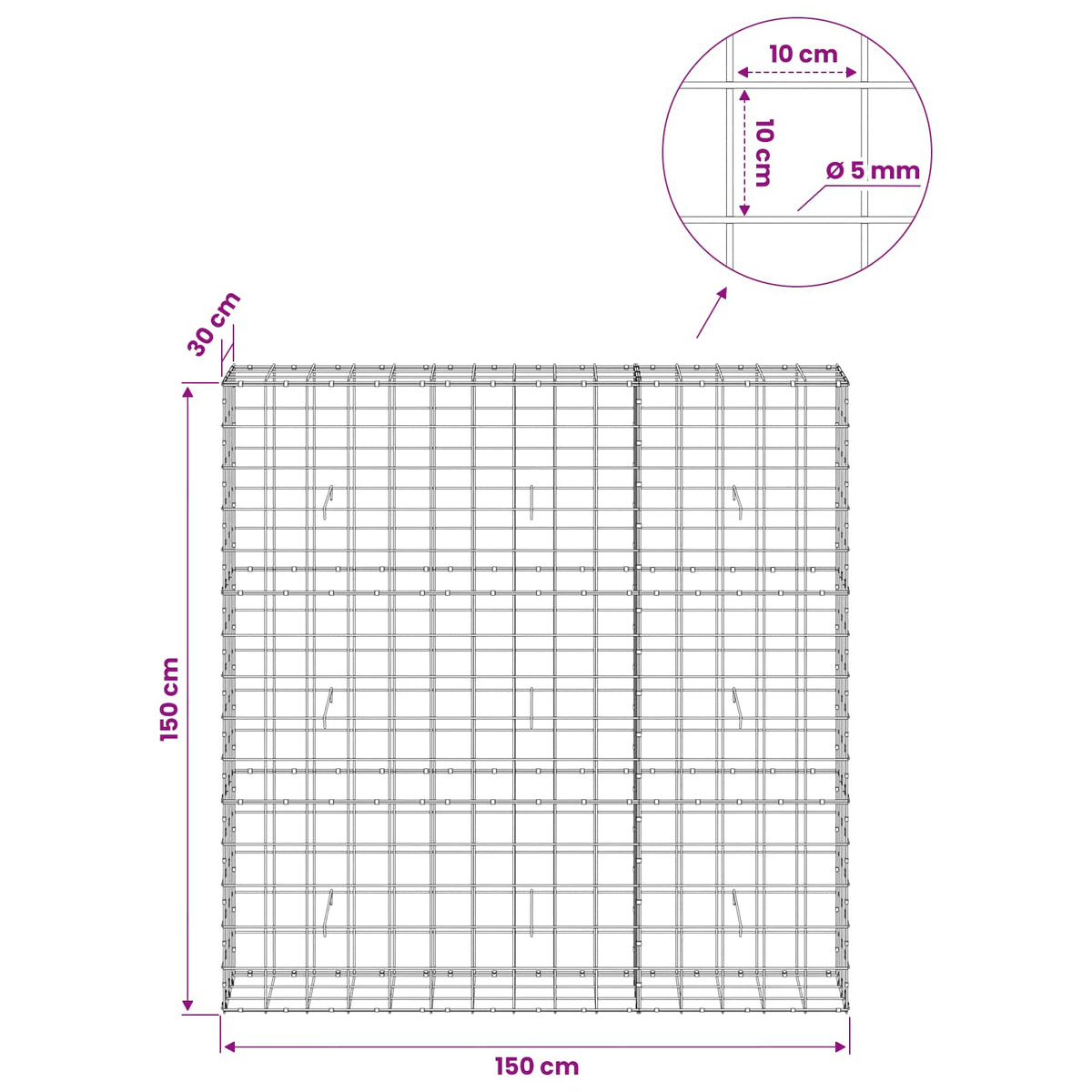 Gabionas su 5 mm viela ir 10x10 cm tinkleliu 150x30x150 cm