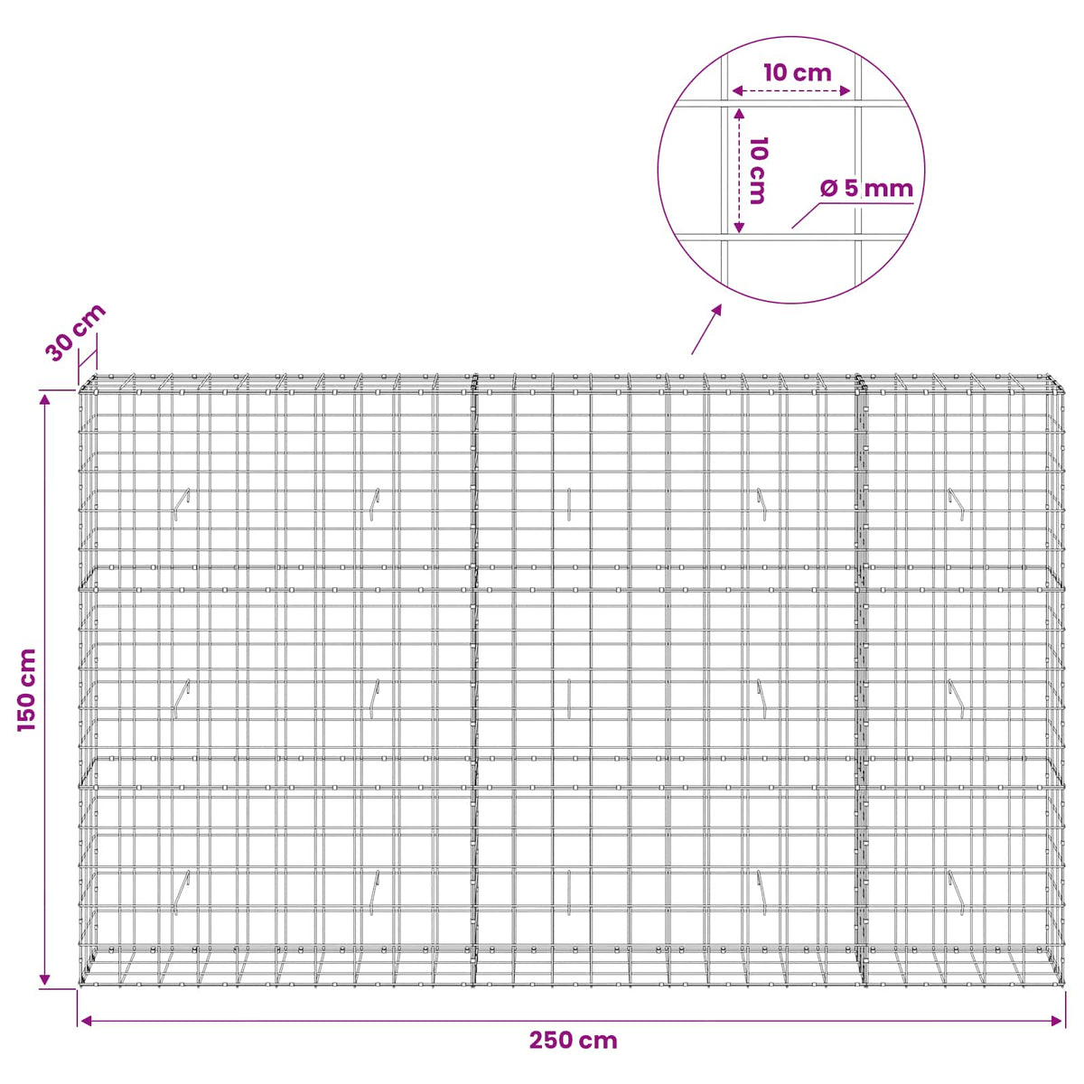 Gabionas su 5 mm viela ir 10x10 cm tinkleliu 250x30x150 cm