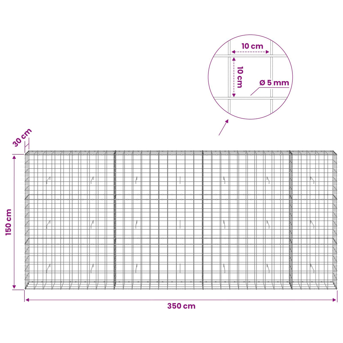 Gabionas su 5 mm viela ir 10x10 cm tinkleliu 350x30x150 cm