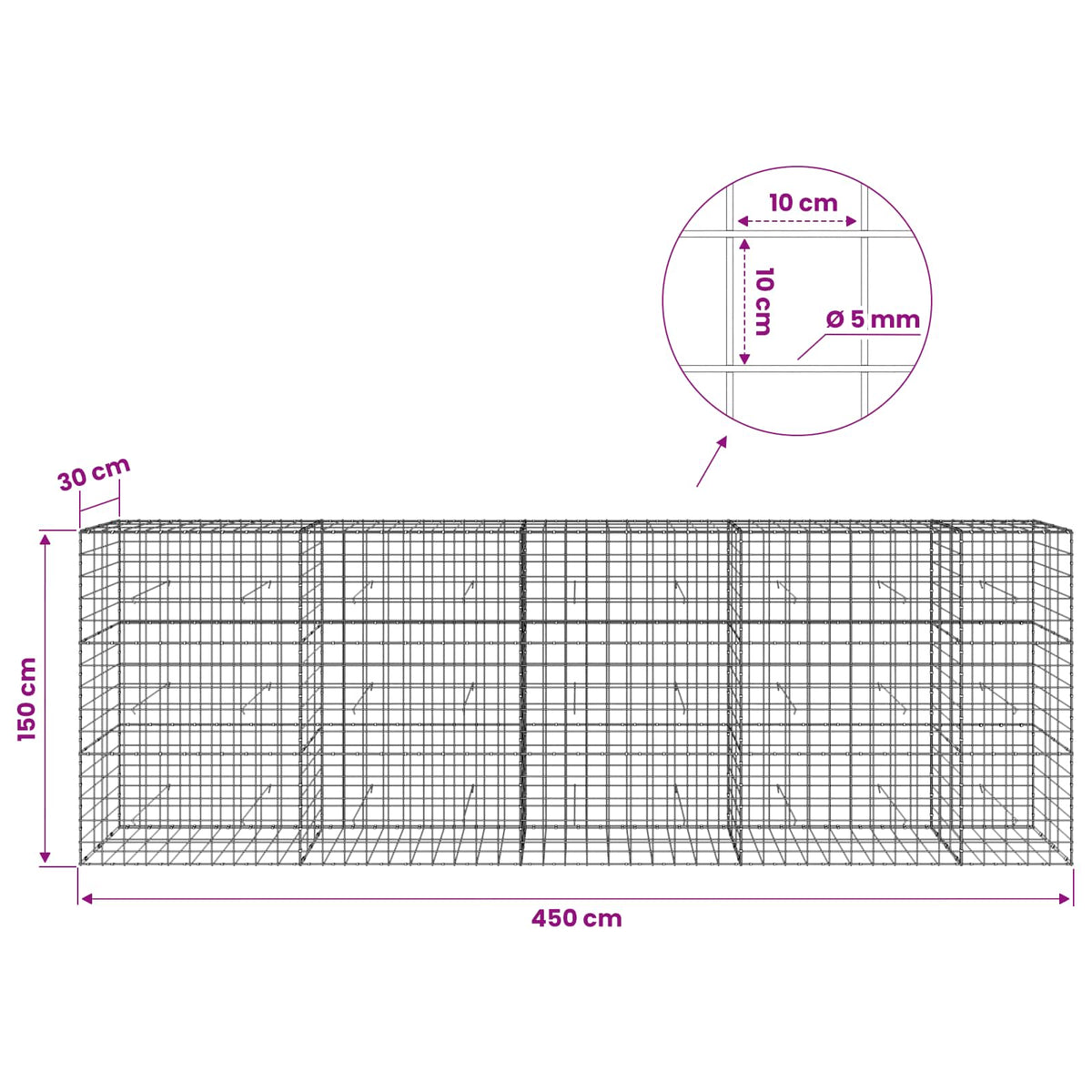 Gabionas su 5 mm viela ir 10x10 cm tinkleliu 450x30x150 cm