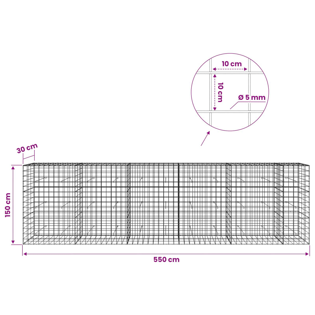 Gabionas su 5 mm viela ir 10x10 cm tinkleliu 550x30x150 cm
