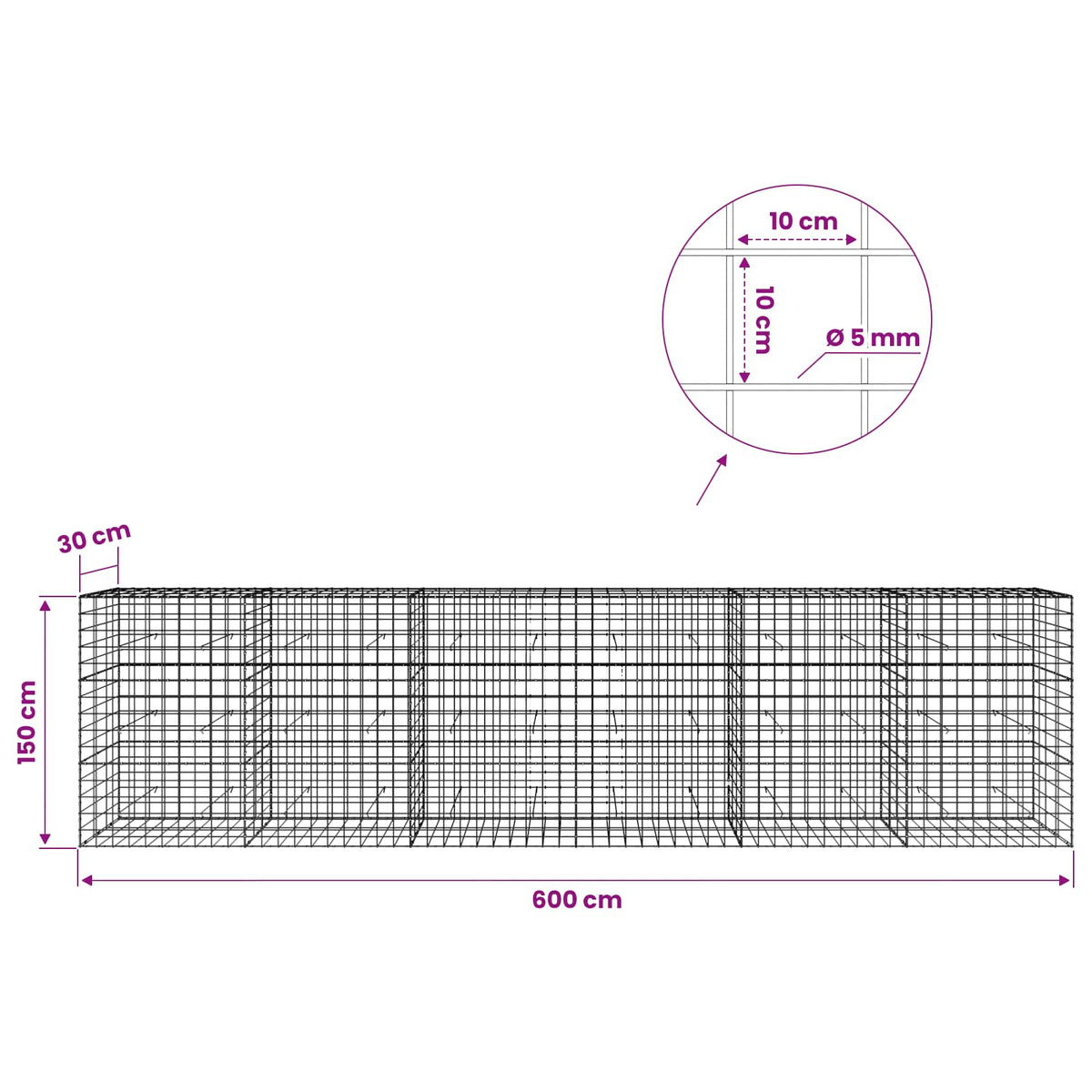 Gabionas su 5 mm viela ir 10x10 cm tinkleliu 600x30x150 cm