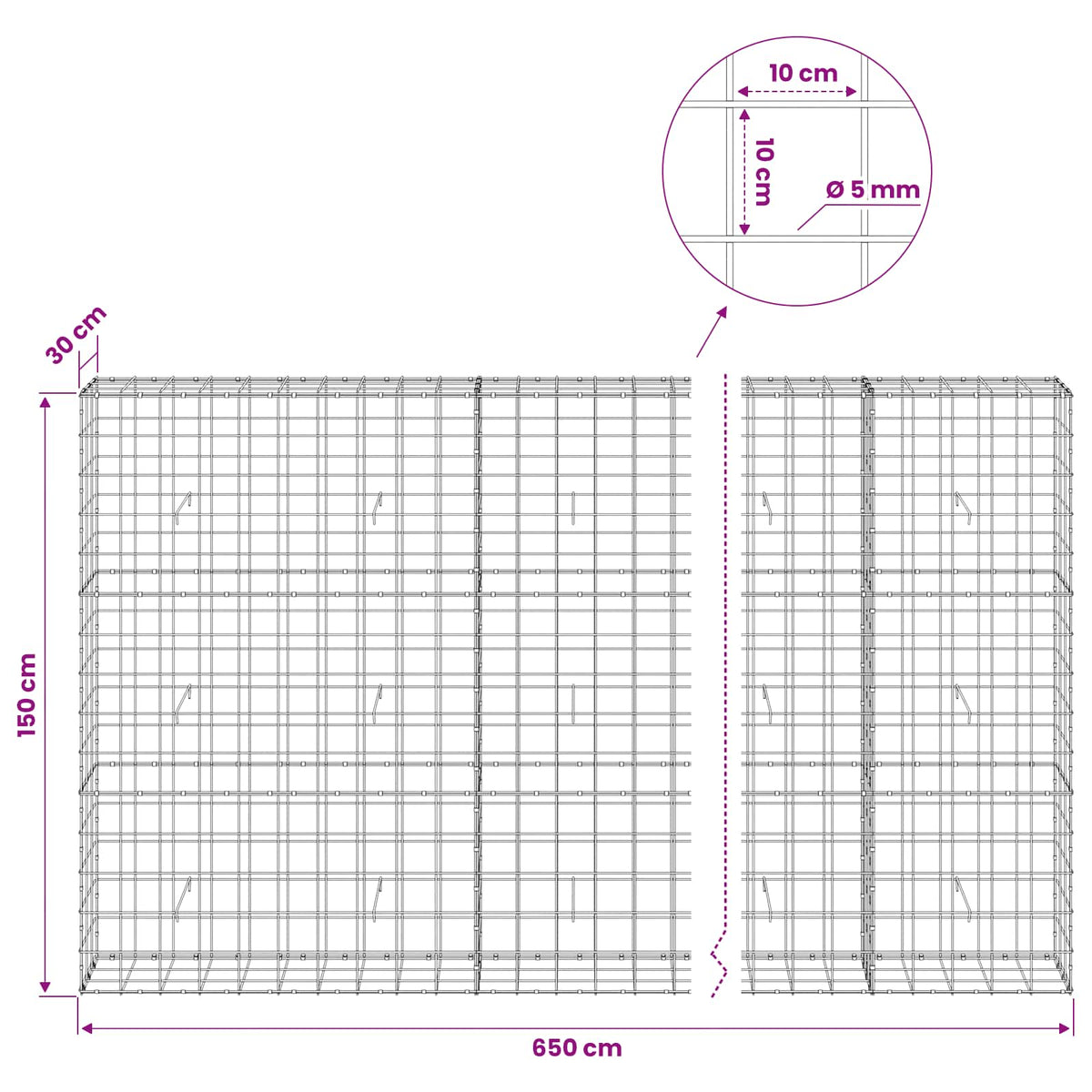 Gabionas su 5 mm viela ir 10x10 cm tinkleliu 650x30x150 cm