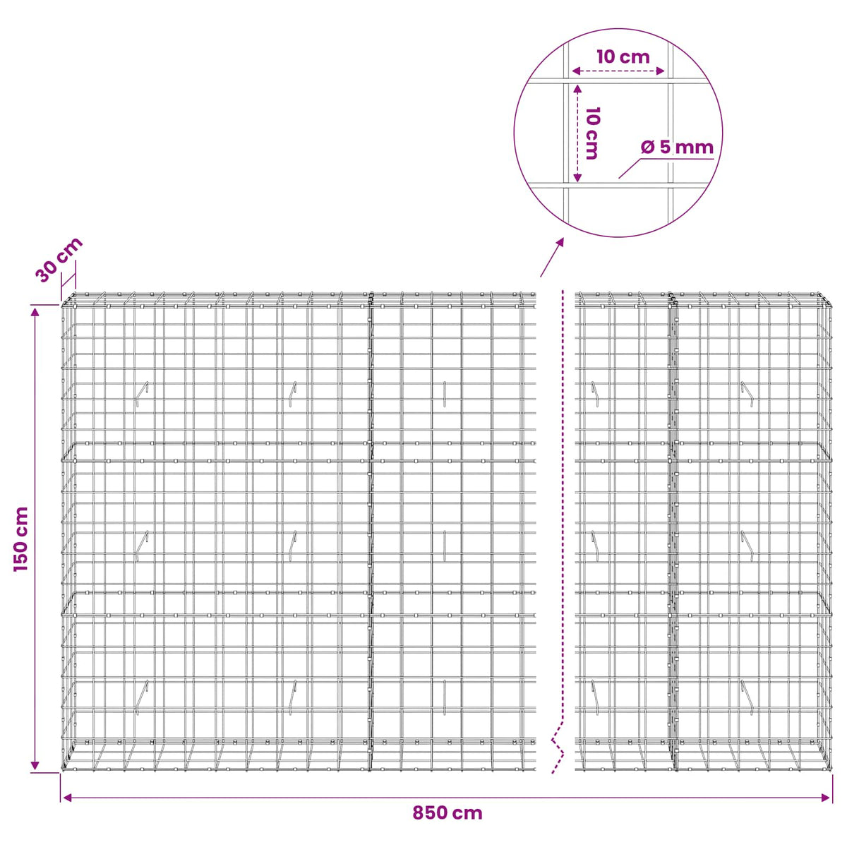 Gabionas su 5 mm viela ir 10x10 cm tinkleliu 850x30x150 cm