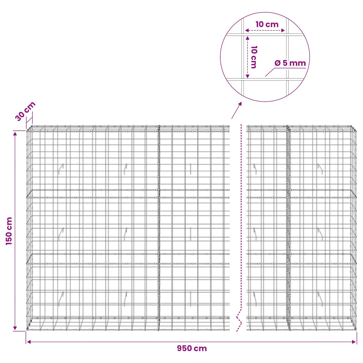 Gabionas su 5 mm viela ir 10x10 cm tinkleliu 950x30x150 cm