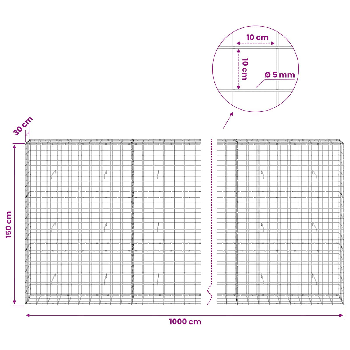 Gabionas su 5 mm viela ir 10x10 cm tinkleliu 1000x30x150 cm