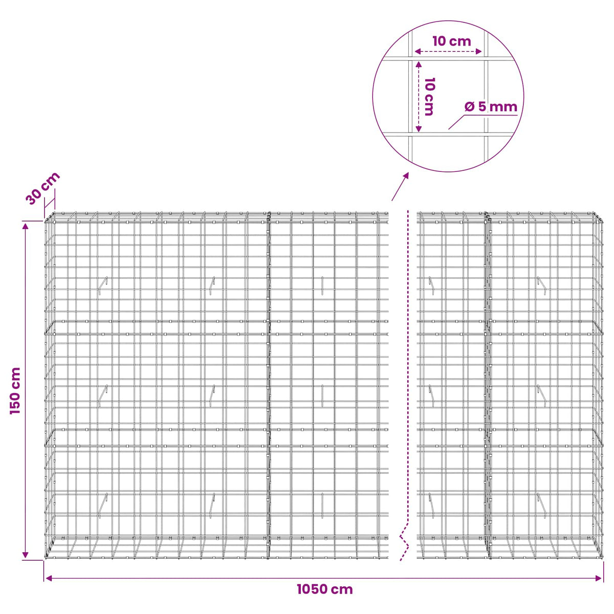 Gabionas su 5 mm viela ir 10x10 cm tinkleliu 1050x30x150 cm