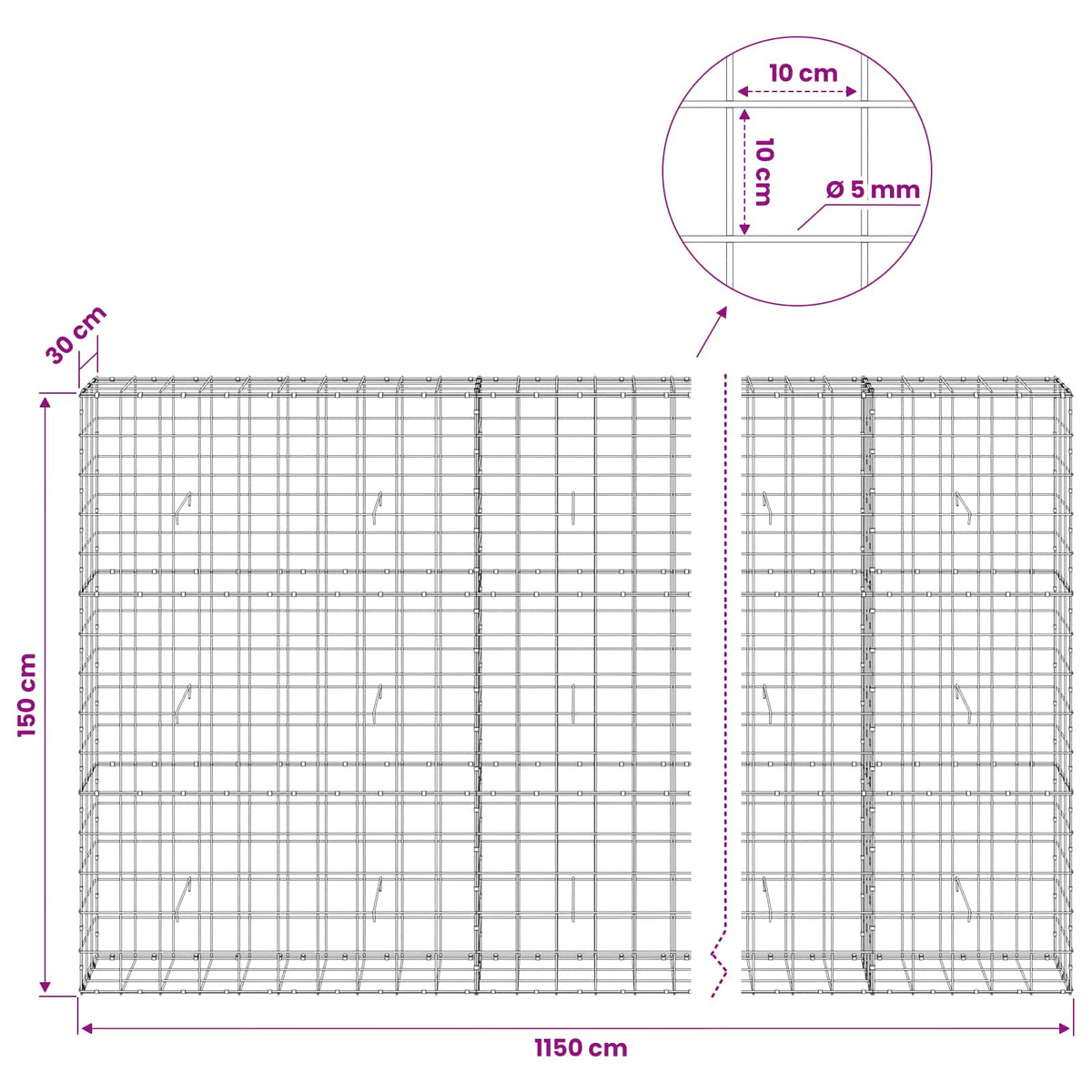 Gabionas su 5 mm viela ir 10x10 cm tinkleliu 1150x30x150 cm