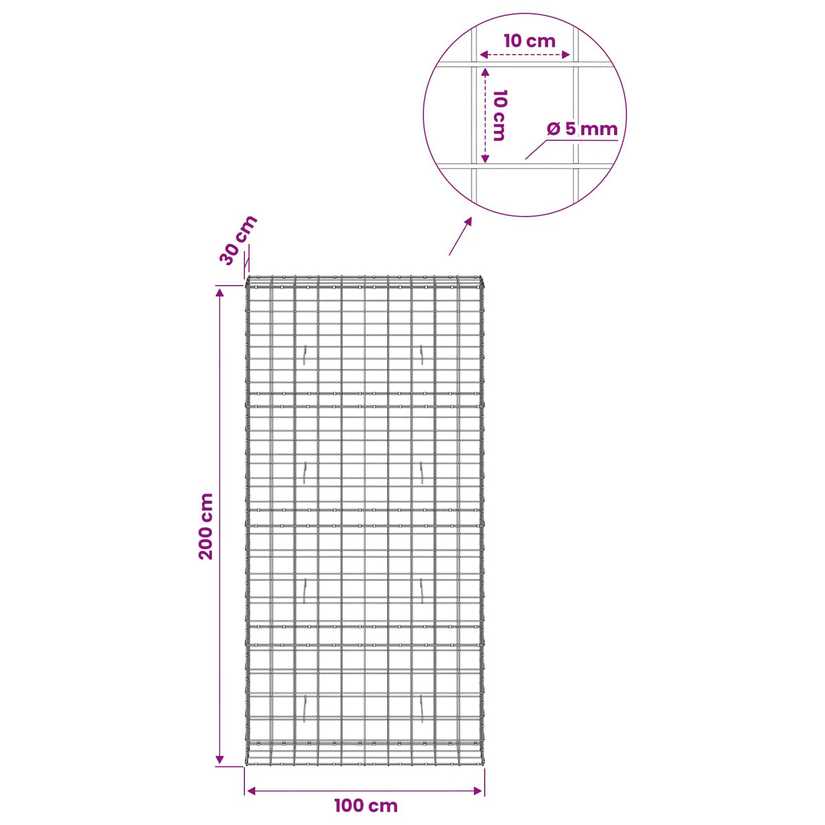 Gabionas su 5 mm viela ir 10x10 cm tinkleliu 100x30x200 cm