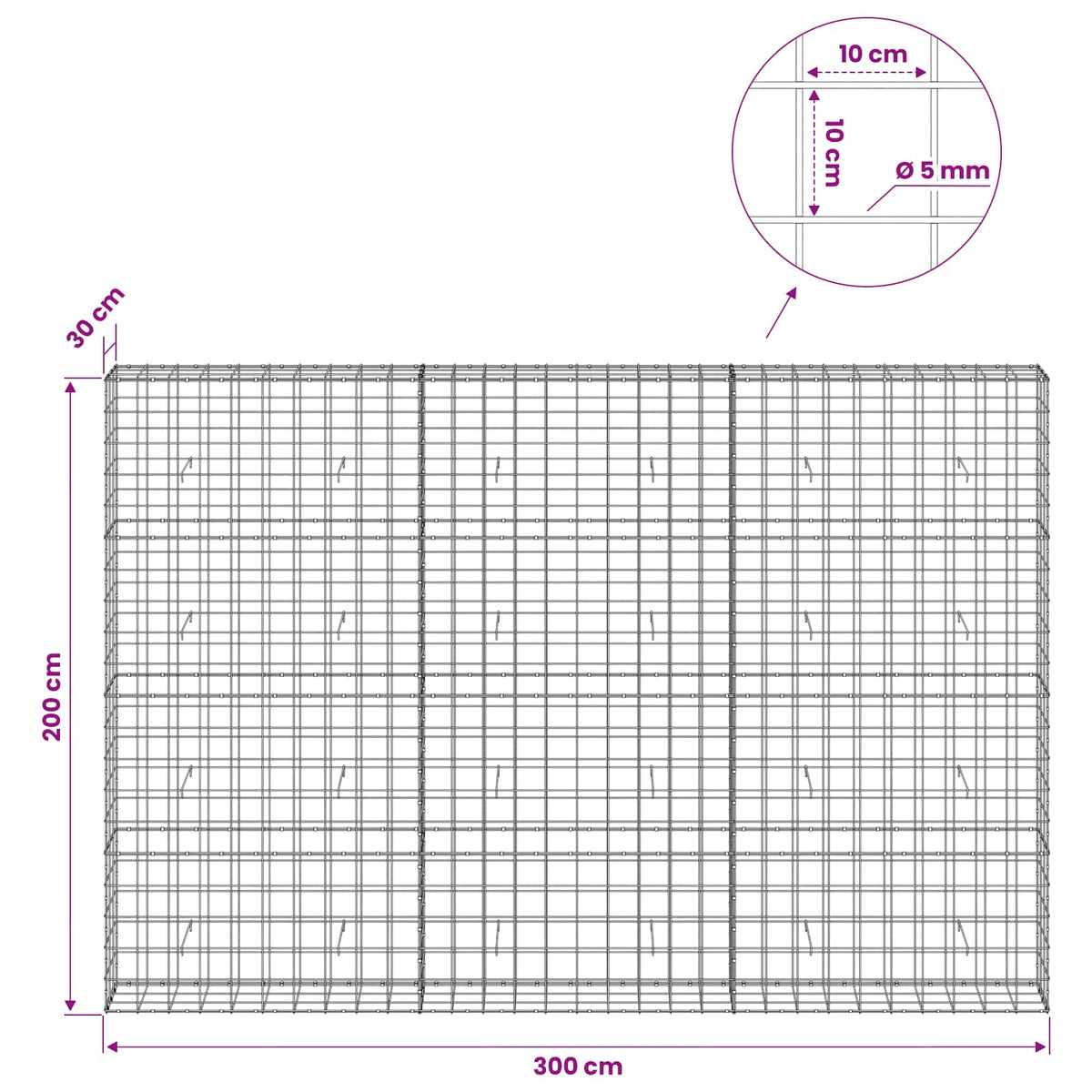 Gabionas su 5 mm viela ir 10x10 cm tinkleliu 300x30x200 cm