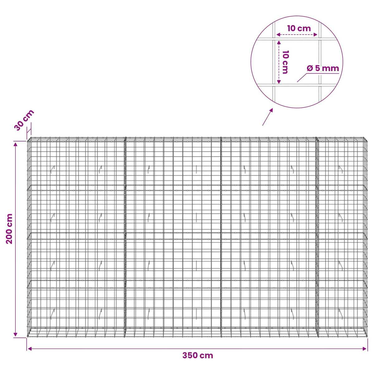 Gabionas su 5 mm viela ir 10x10 cm tinkleliu 350x30x200 cm