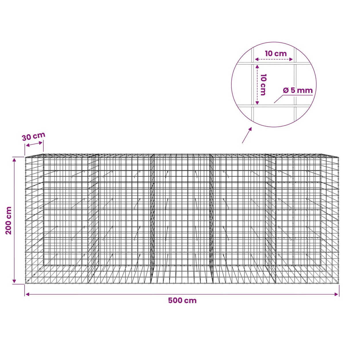 Gabionas su 5 mm viela ir 10x10 cm tinkleliu 500x30x200 cm