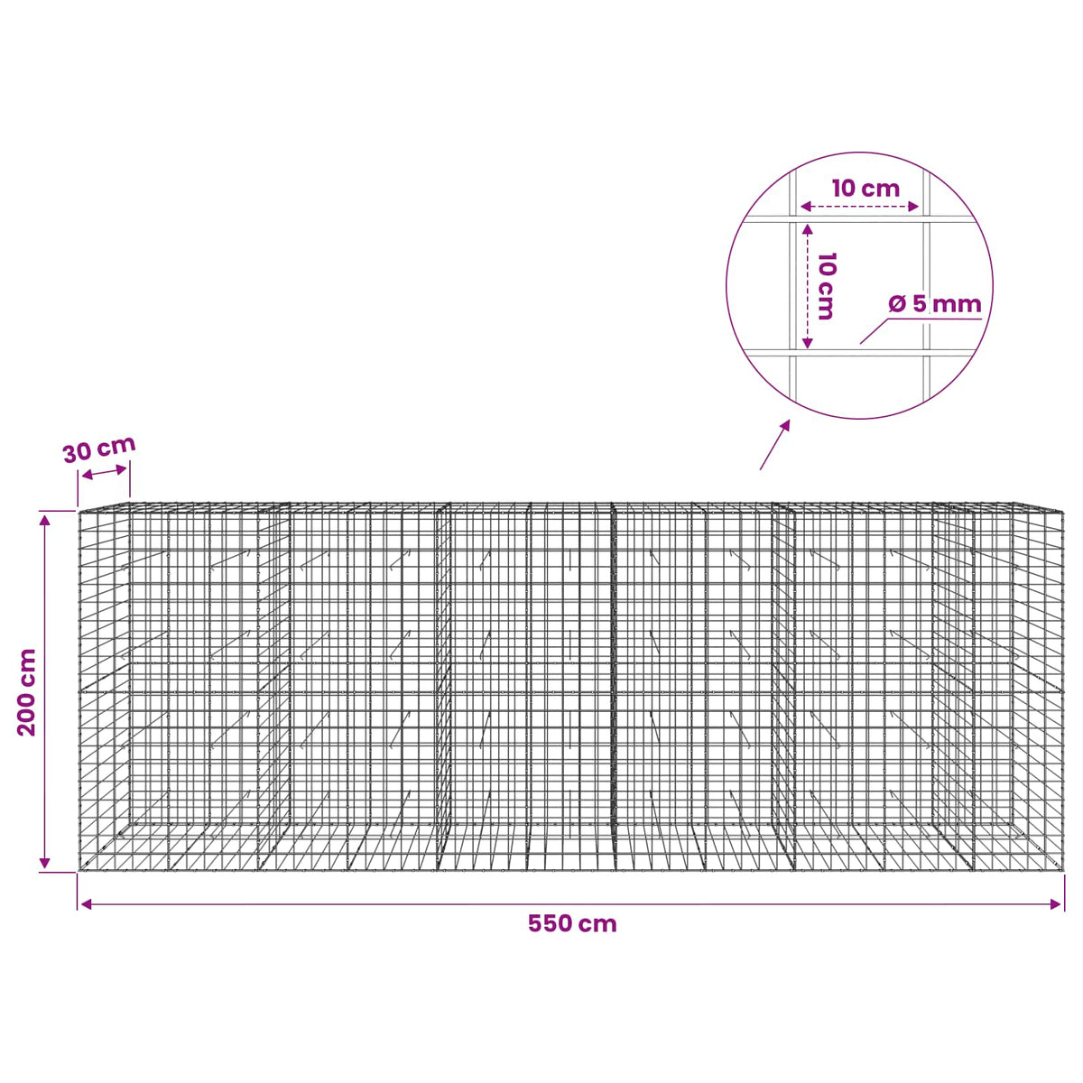 Gabionas su 5 mm viela ir 10x10 cm tinkleliu 550x30x200 cm