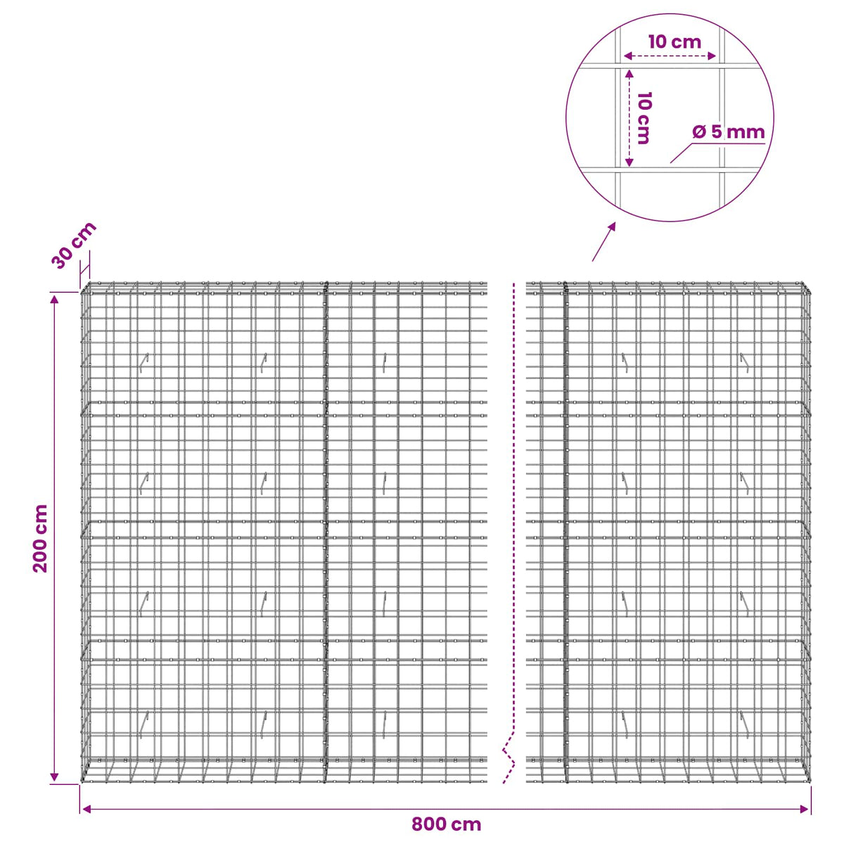 Gabionas su 5 mm viela ir 10x10 cm tinkleliu 800x30x200 cm