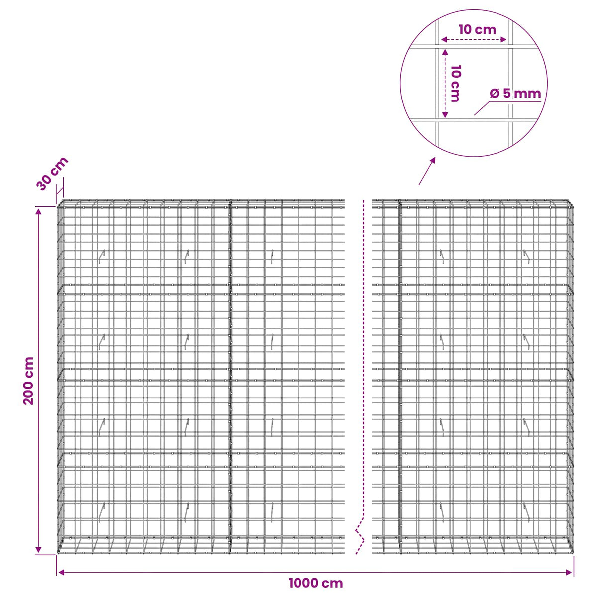 Gabionas su 5 mm viela ir 10x10 cm tinkleliu 1000x30x200 cm