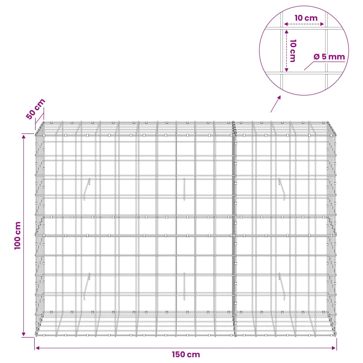 Gabionas su 5 mm viela ir 10x10 cm tinkleliu 150x50x100 cm