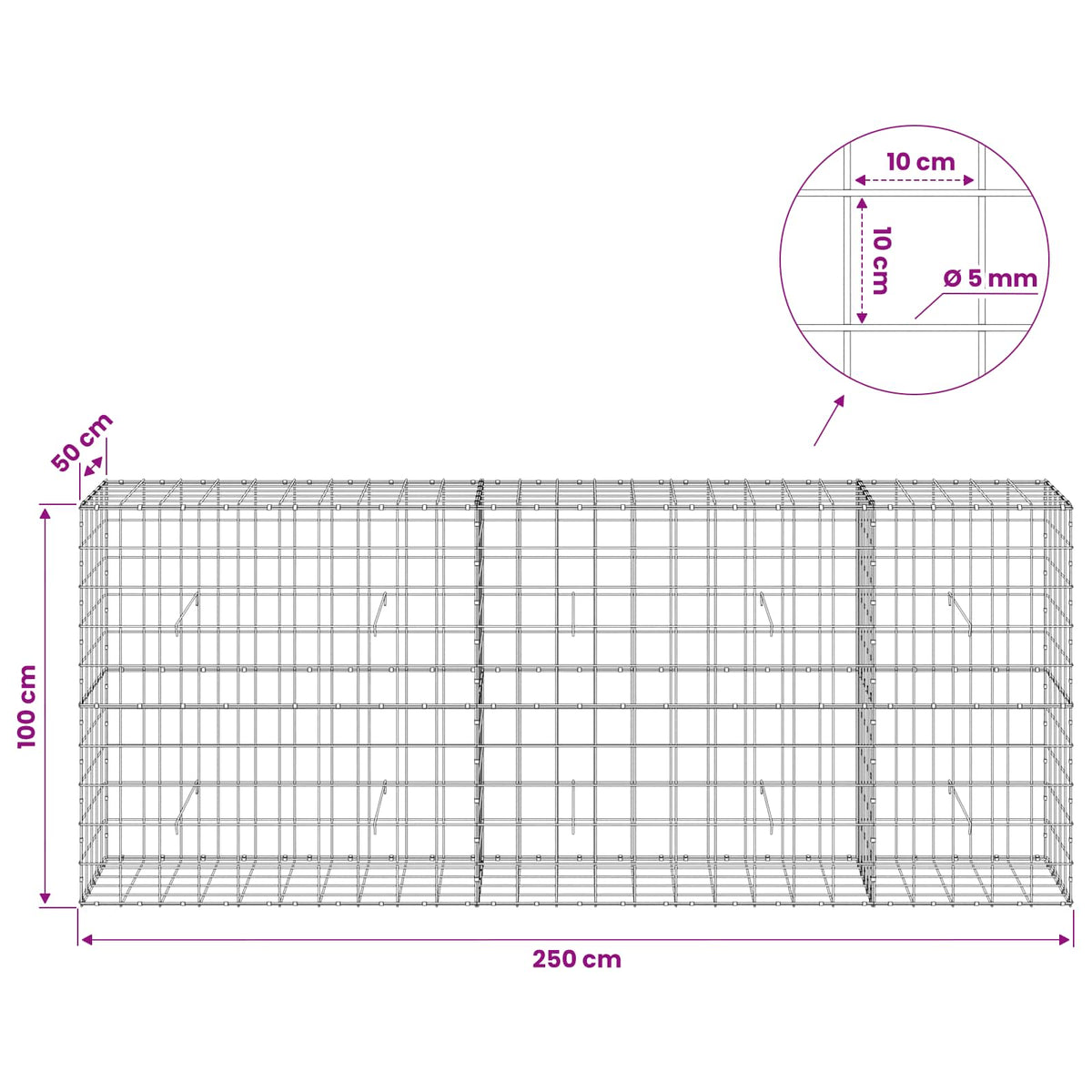 Gabionas su 5 mm viela ir 10x10 cm tinkleliu 250x50x100 cm