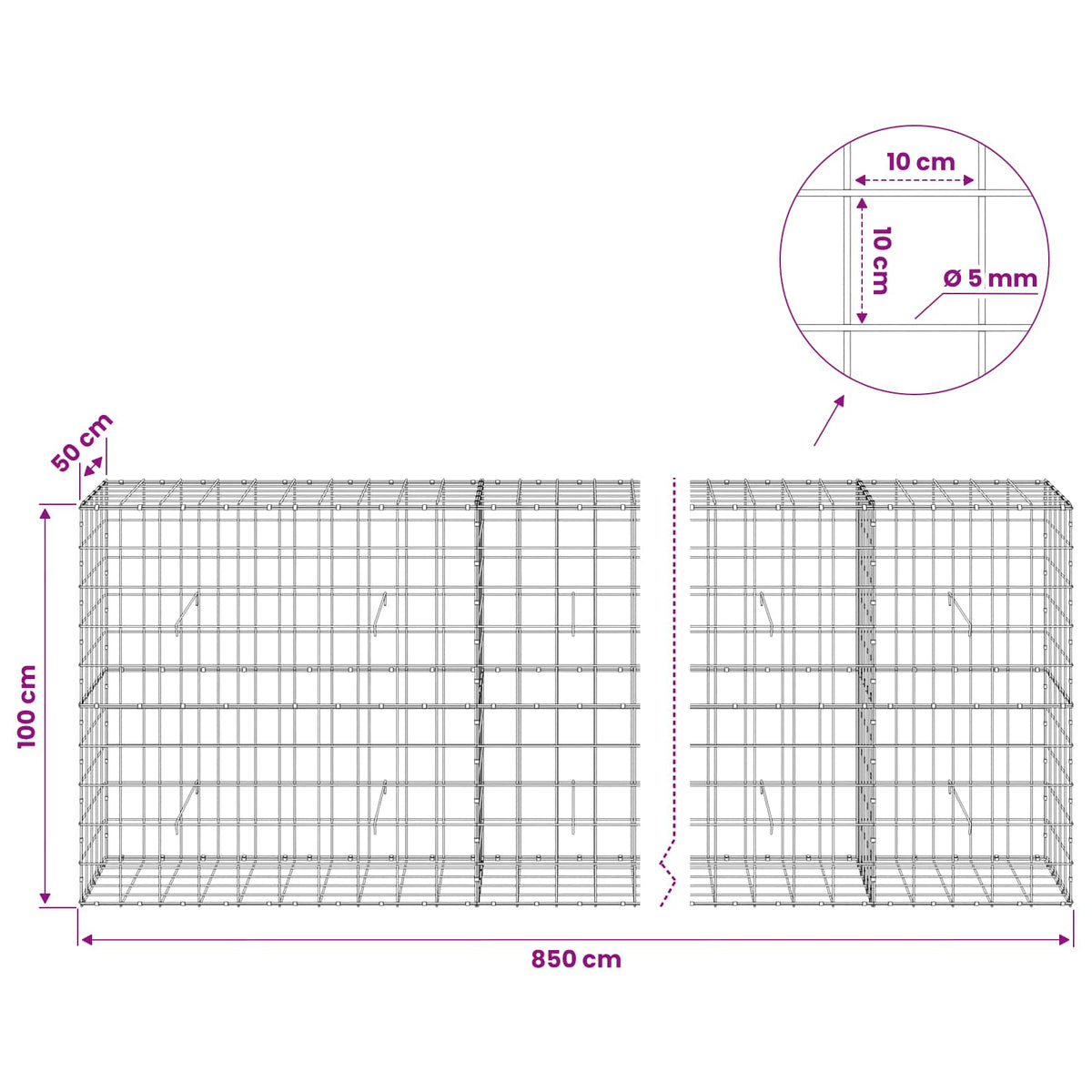 Gabionas su 5 mm viela ir 10x10 cm tinkleliu 850x50x100 cm