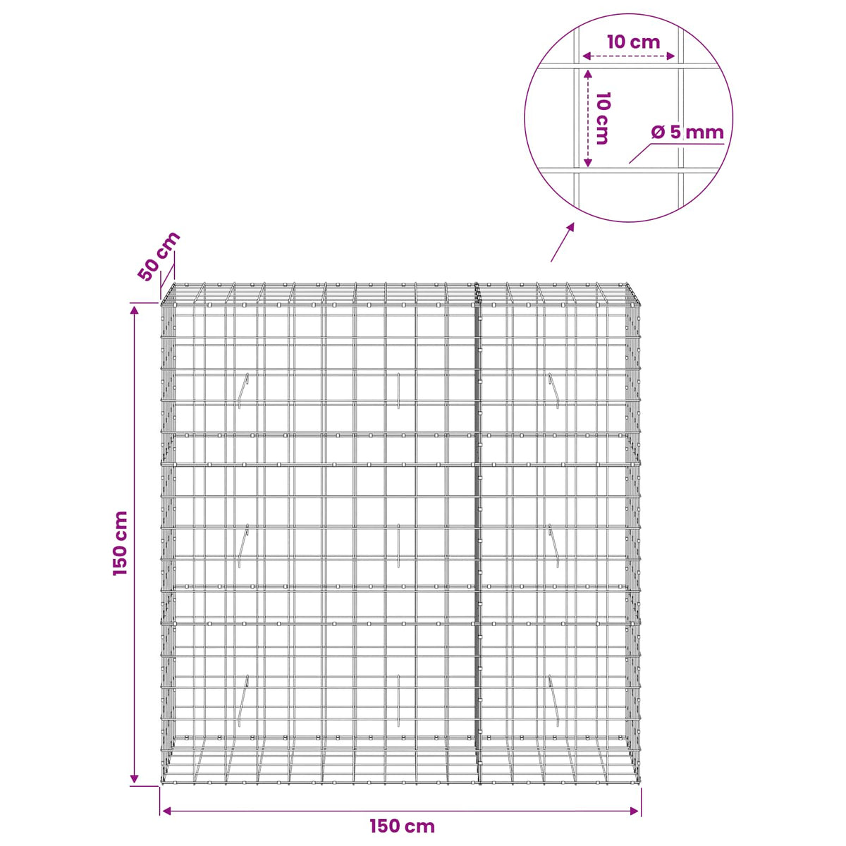 Gabionas su 5 mm viela ir 10x10 cm tinkleliu 150x50x150 cm