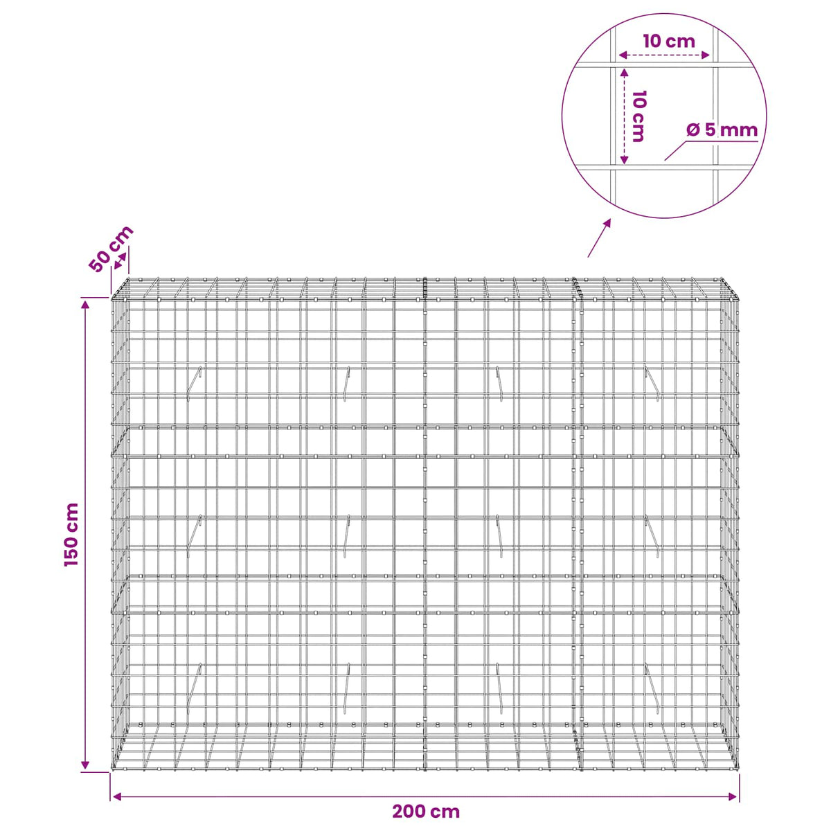 Gabionas su 5 mm viela ir 10x10 cm tinkleliu 200x50x150 cm