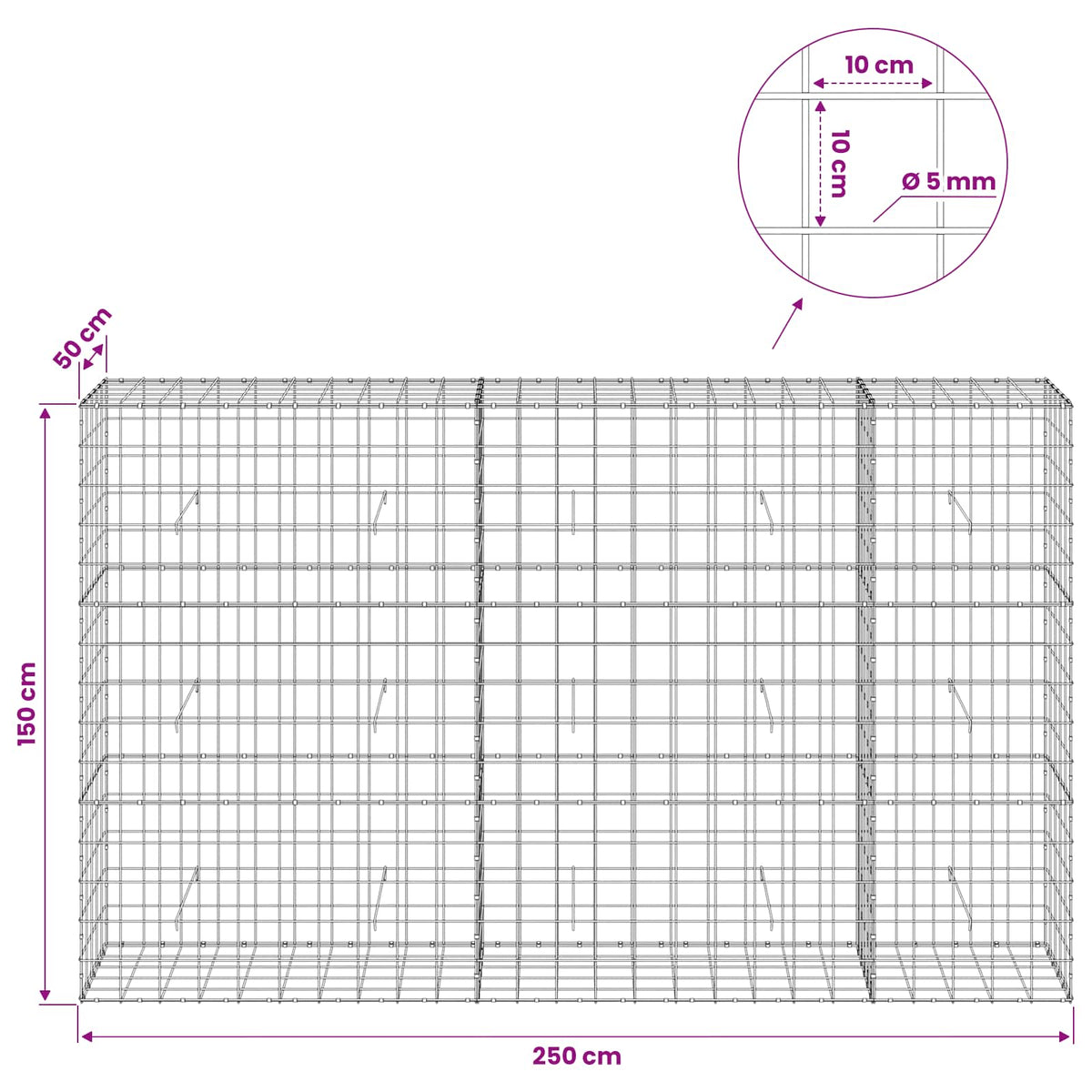 Gabionas su 5 mm viela ir 10x10 cm tinkleliu 250x50x150 cm