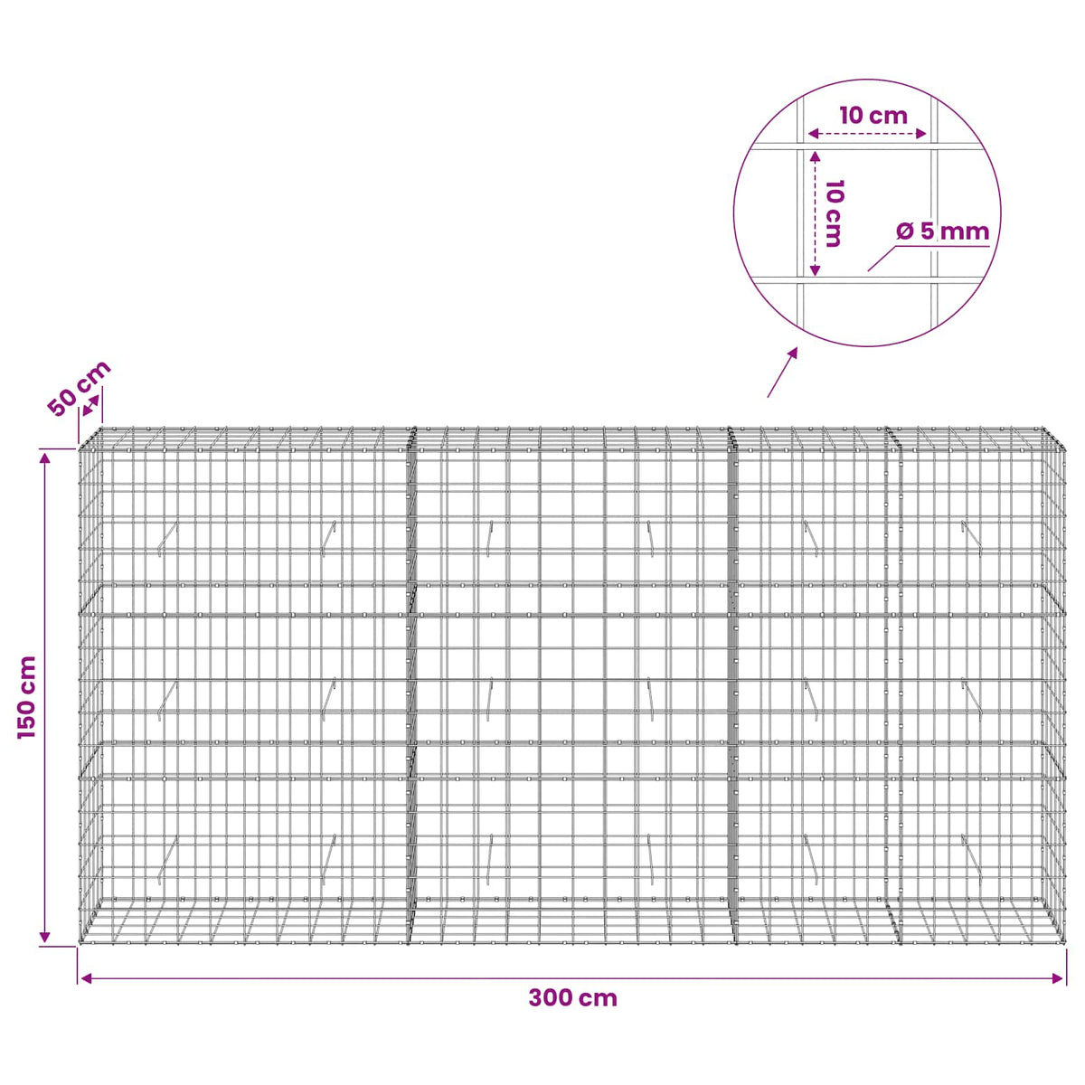 Gabionas su 5 mm viela ir 10x10 cm tinkleliu 300x50x150 cm