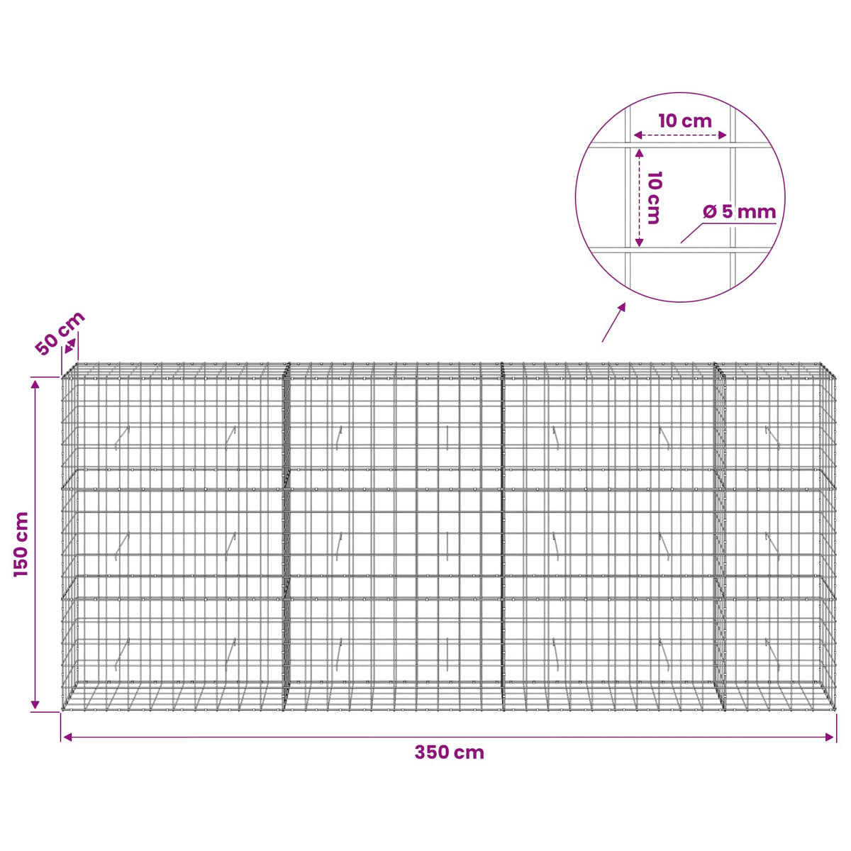Gabionas su 5 mm viela ir 10x10 cm tinkleliu 350x50x150 cm