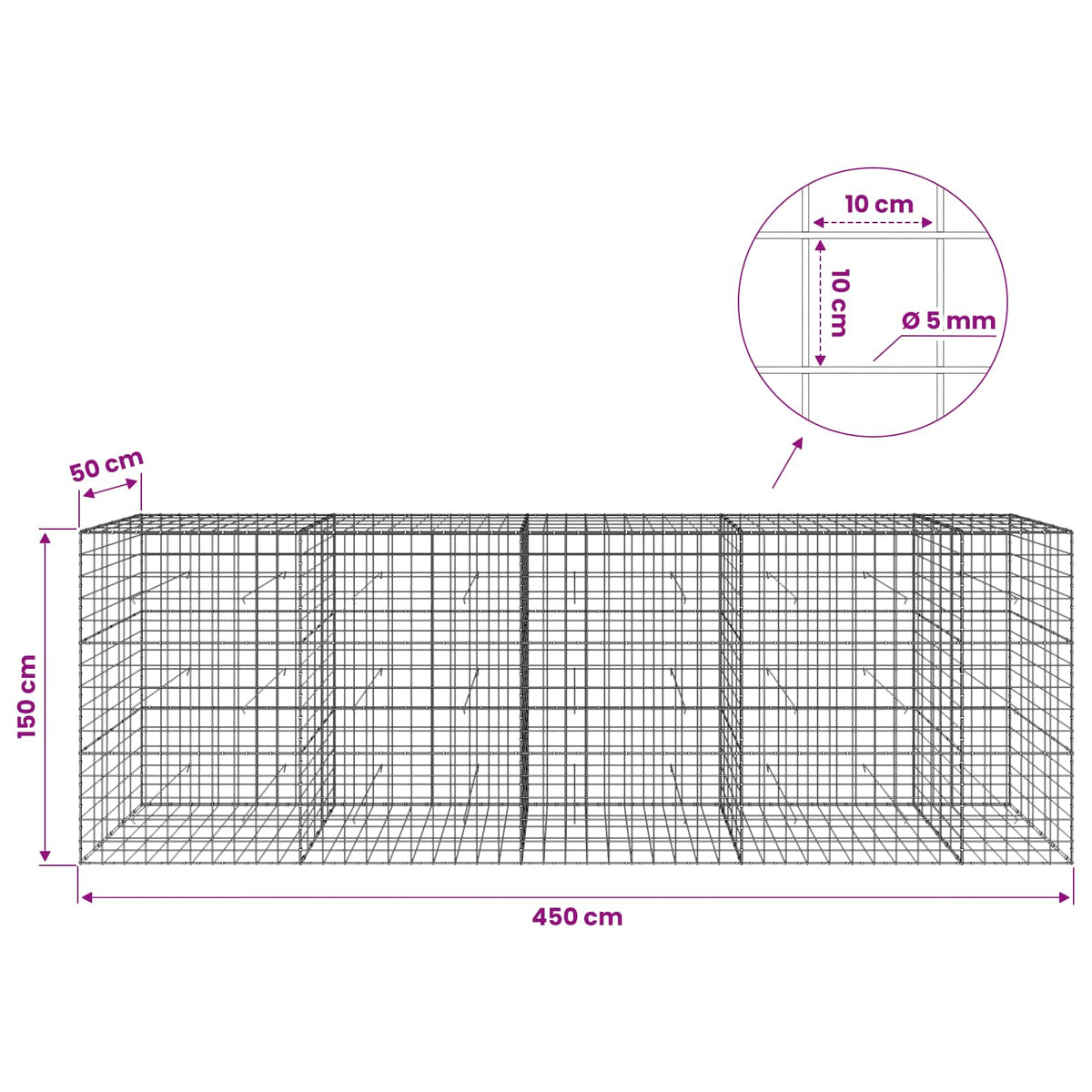 Gabionas su 5 mm viela ir 10x10 cm tinkleliu 450x50x150 cm