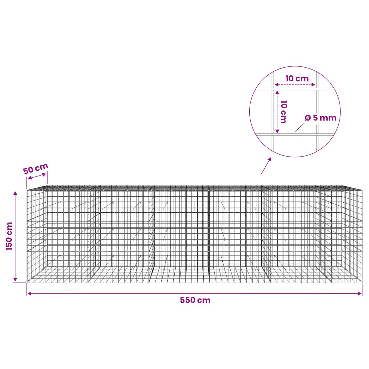 Gabionas su 5 mm viela ir 10x10 cm tinkleliu 550x50x150 cm