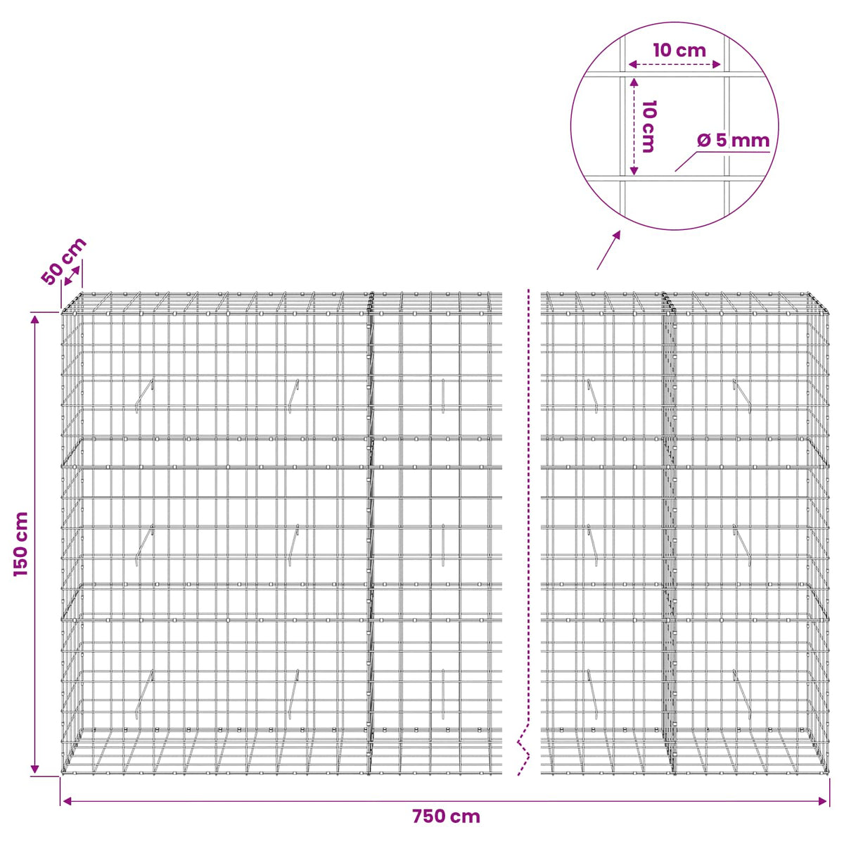 Gabionas su 5 mm viela ir 10x10 cm tinkleliu 750x50x150 cm