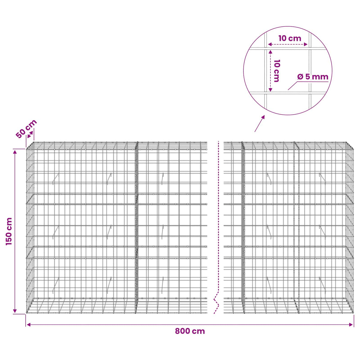 Gabionas su 5 mm viela ir 10x10 cm tinkleliu 800x50x150 cm
