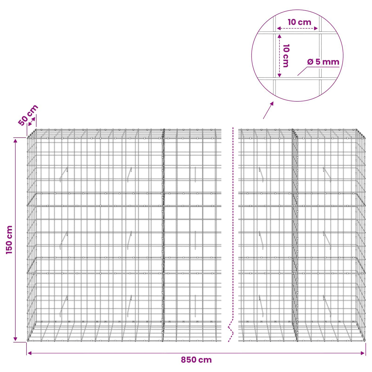 Gabionas su 5 mm viela ir 10x10 cm tinkleliu 850x50x150 cm
