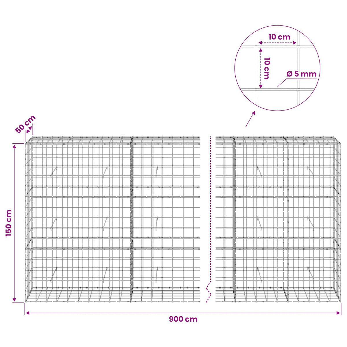 Gabionas su 5 mm viela ir 10x10 cm tinkleliu 900x50x150 cm