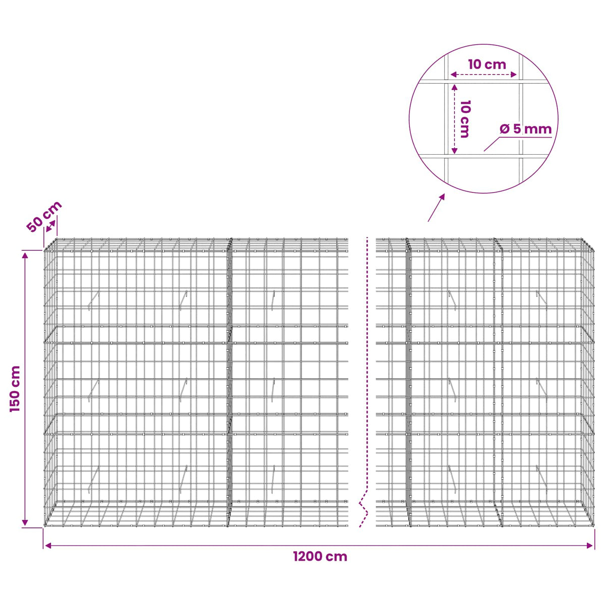 Gabionas su 5 mm viela ir 10x10 cm tinkleliu 1200x50x150 cm