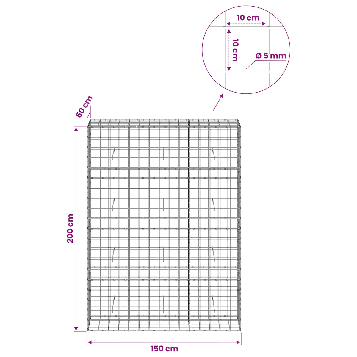 Gabionas su 5 mm viela ir 10x10 cm tinkleliu 150x50x200 cm