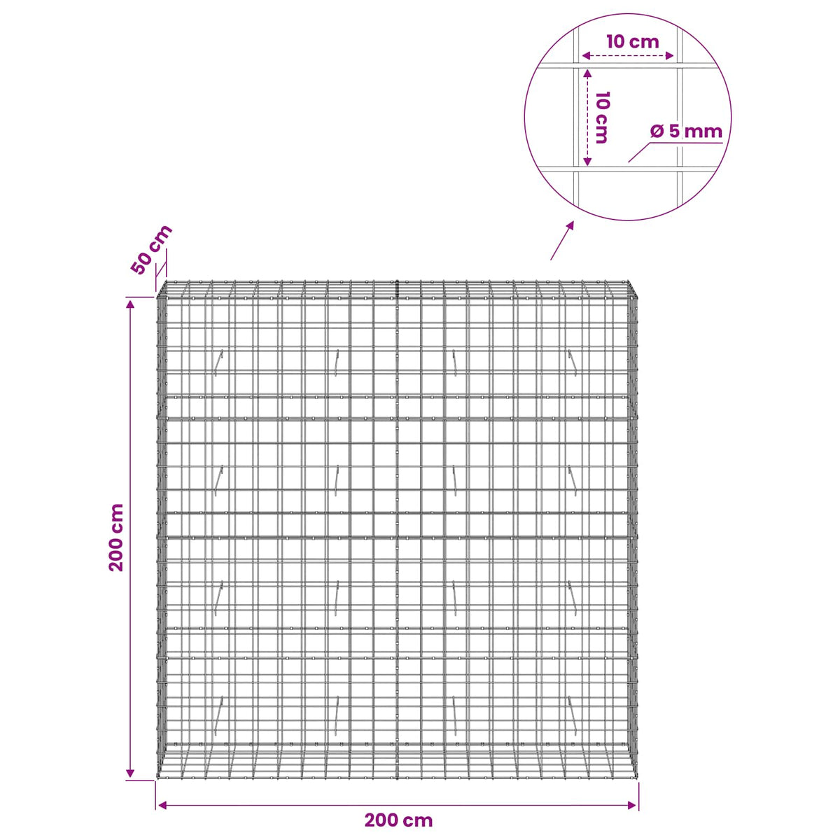 Gabionas su 5 mm viela ir 10x10 cm tinkleliu 200x50x200 cm