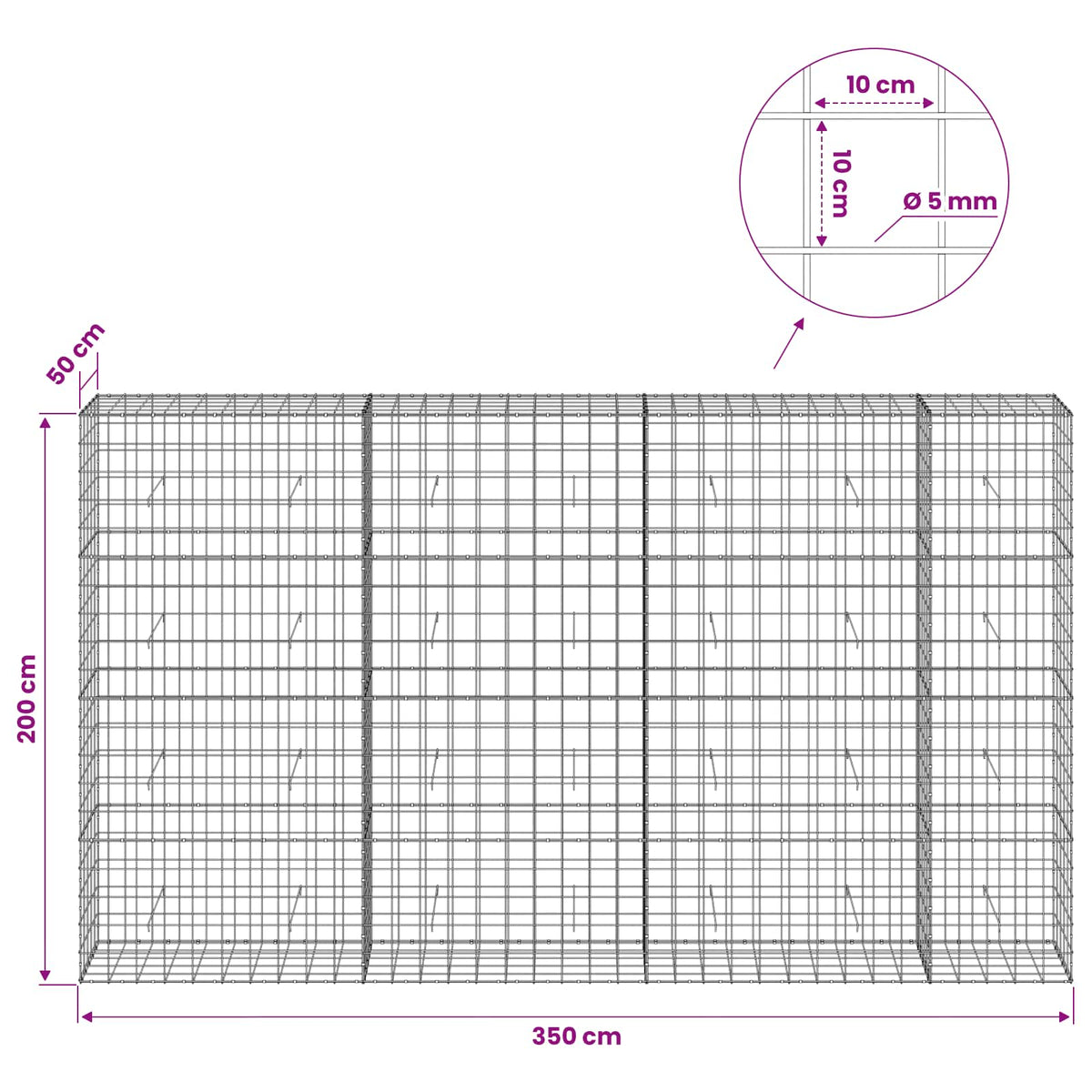 Gabionas su 5 mm viela ir 10x10 cm tinkleliu 350x50x200 cm