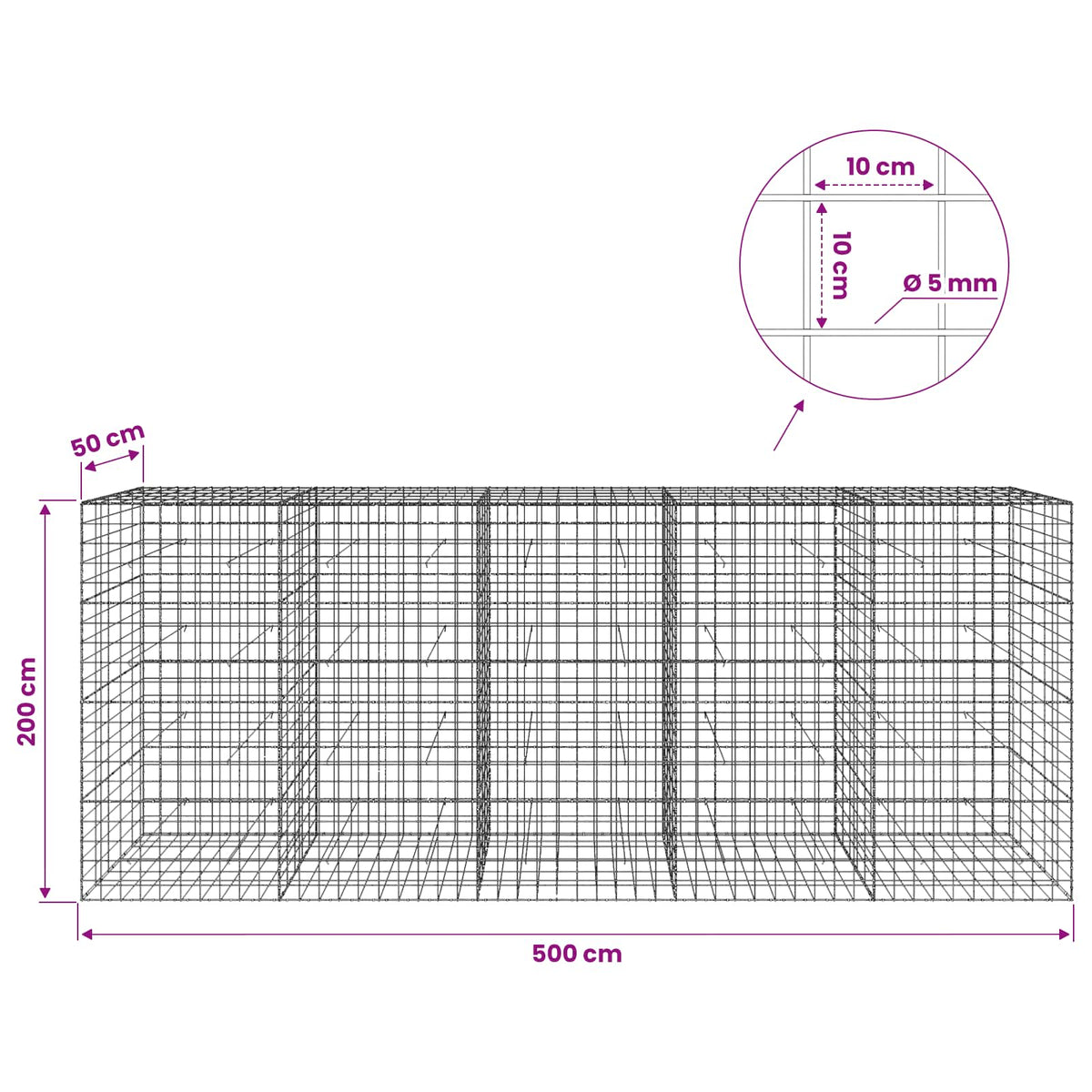 Gabionas su 5 mm viela ir 10x10 cm tinkleliu 500x50x200 cm