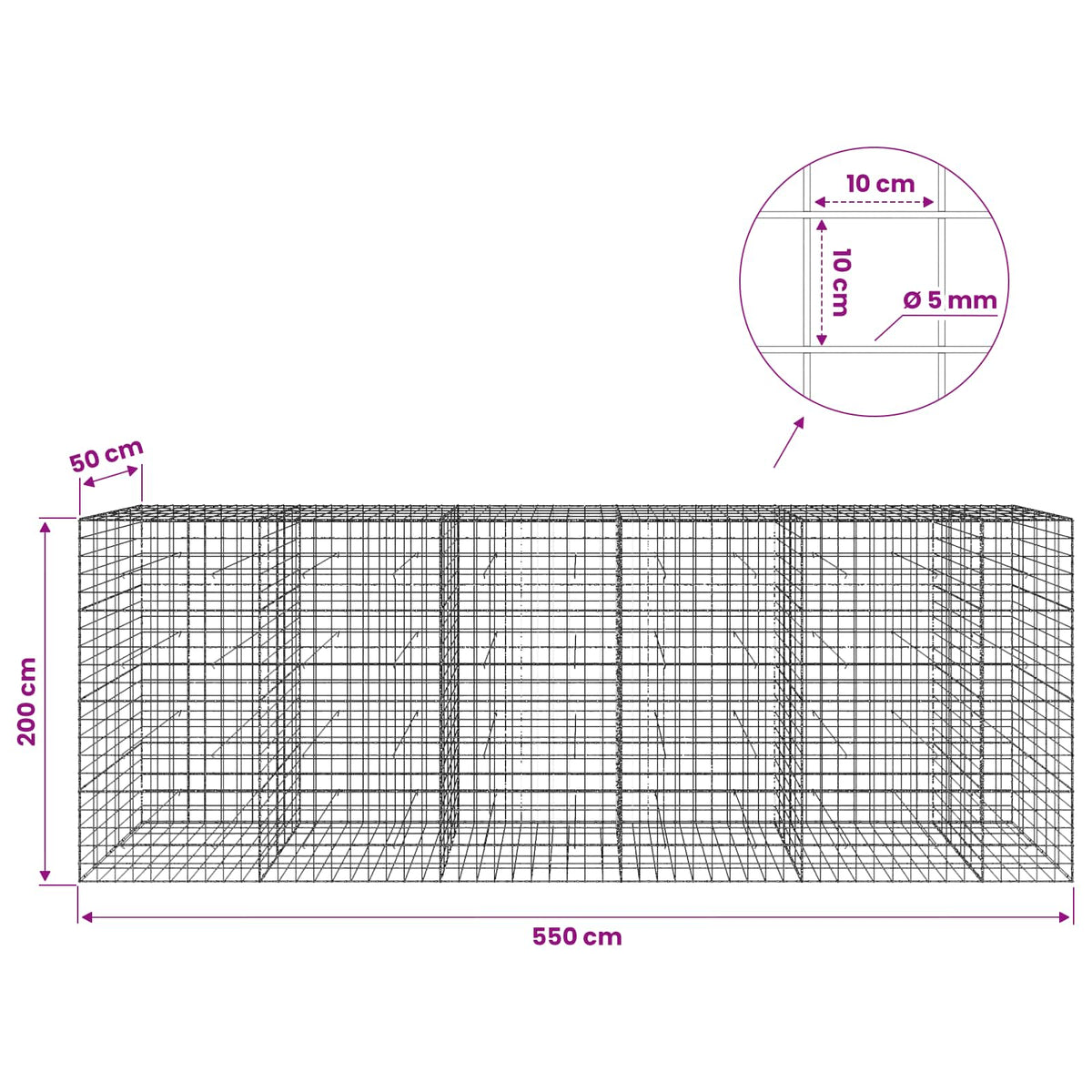 Gabionas su 5 mm viela ir 10x10 cm tinkleliu 550x50x200 cm