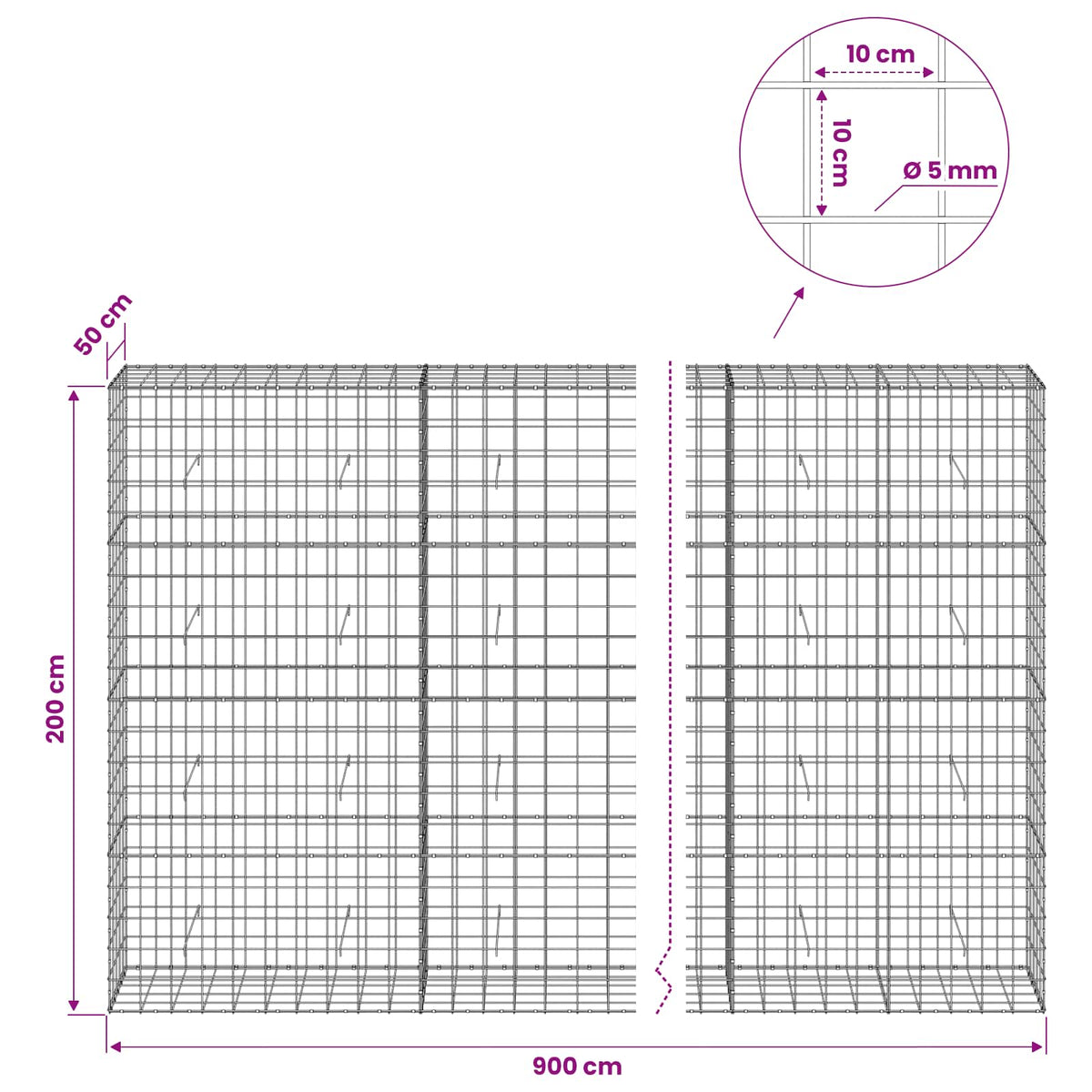 Gabionas su 5 mm viela ir 10x10 cm tinkleliu 900x50x200 cm