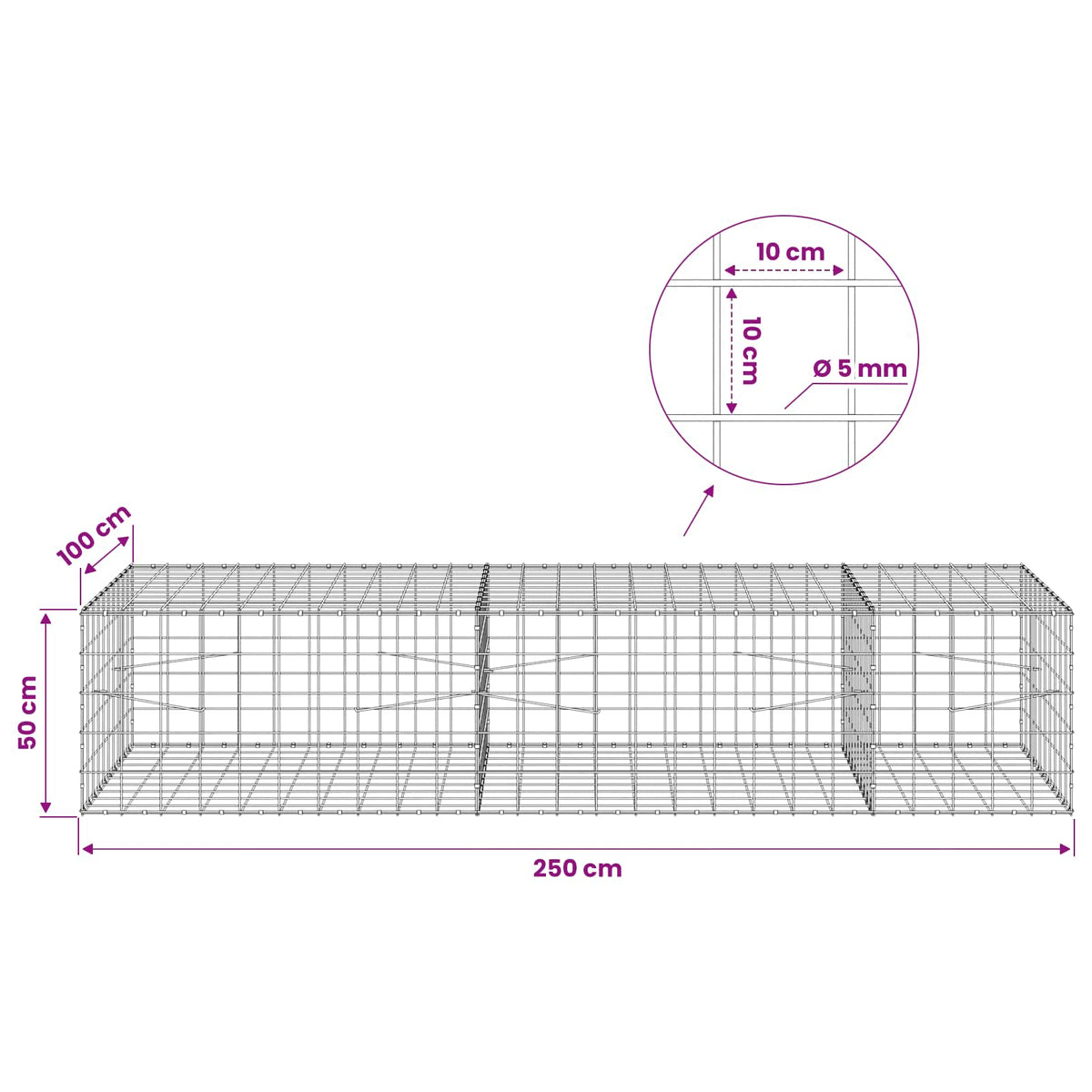 Gabionas su 5 mm viela ir 10x10 cm tinkleliu 250x100x50 cm