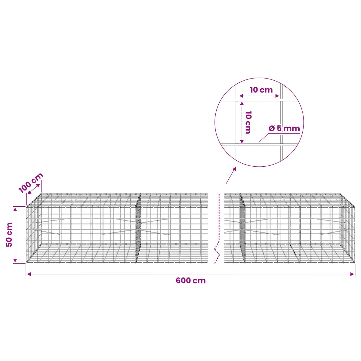 Gabionas su 5 mm viela ir 10x10 cm tinkleliu 600x100x50 cm