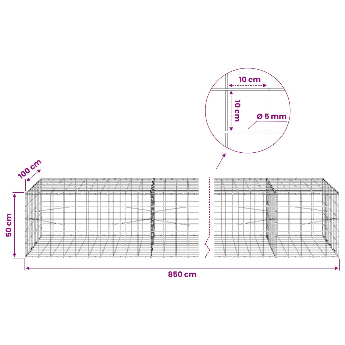 Gabionas su 5 mm viela ir 10x10 cm tinkleliu 850x100x50 cm