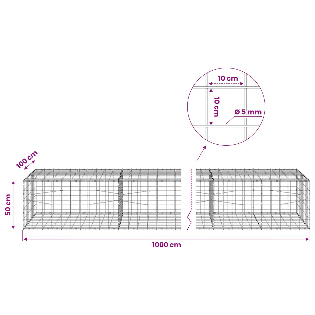 Gabionas su 5 mm viela ir 10x10 cm tinkleliu 1000x100x50 cm
