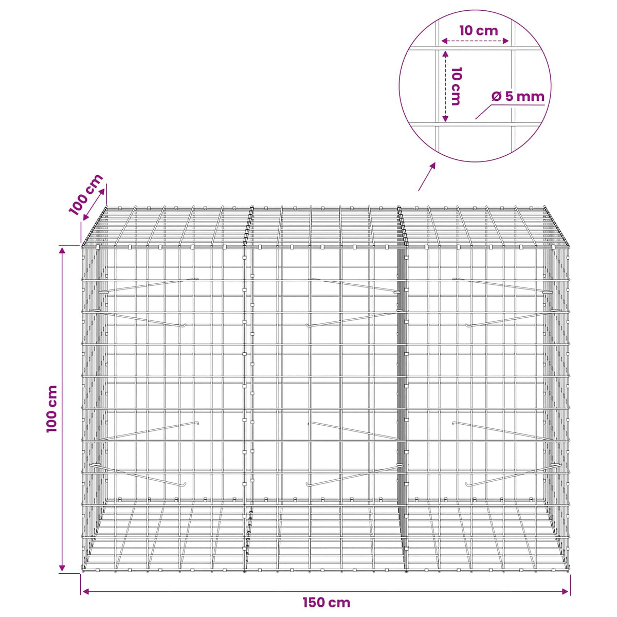 Gabionas su 5 mm viela ir 10x10 cm tinkleliu 150x100x100 cm