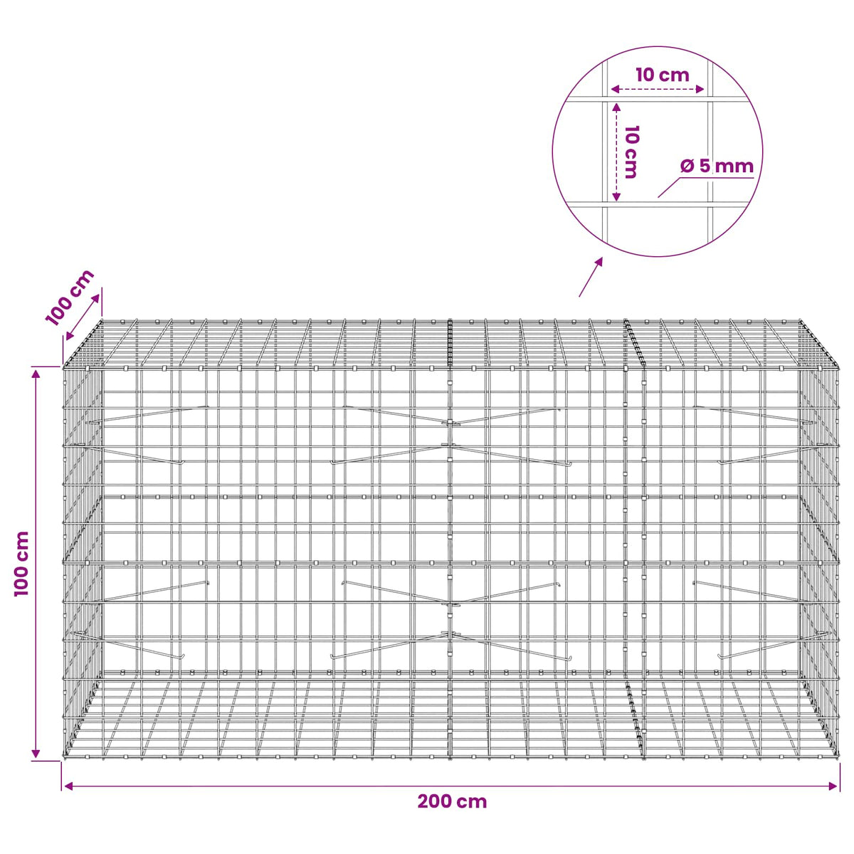 Gabionas su 5 mm viela ir 10x10 cm tinkleliu 200x100x100 cm