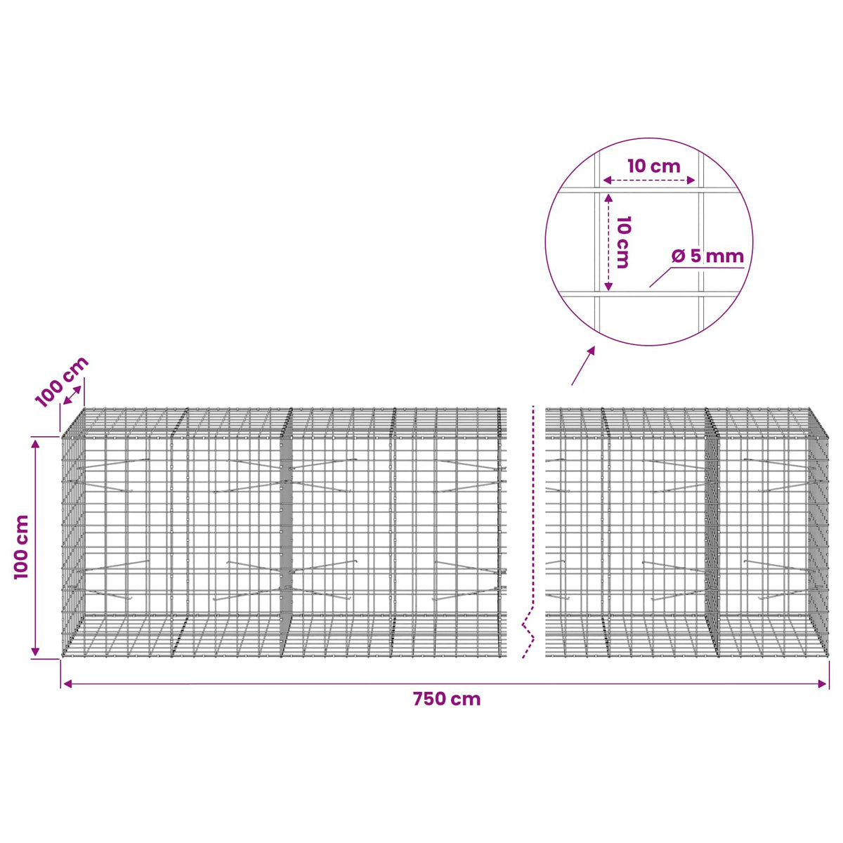 Gabionas su 5 mm viela ir 10x10 cm tinkleliu 750x100x100 cm