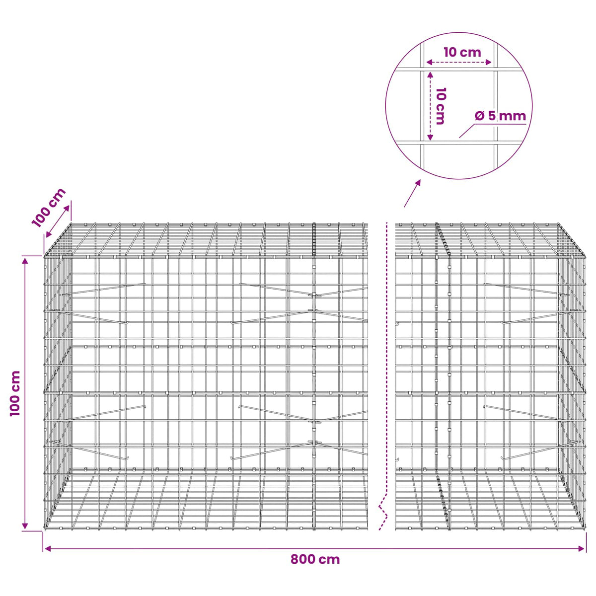 Gabionas su 5 mm viela ir 10x10 cm tinkleliu 800x100x100 cm