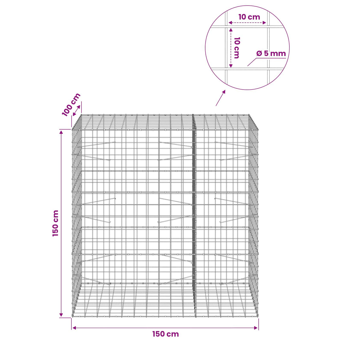 Gabionas su 5 mm viela ir 10x10 cm tinkleliu 150x100x150 cm