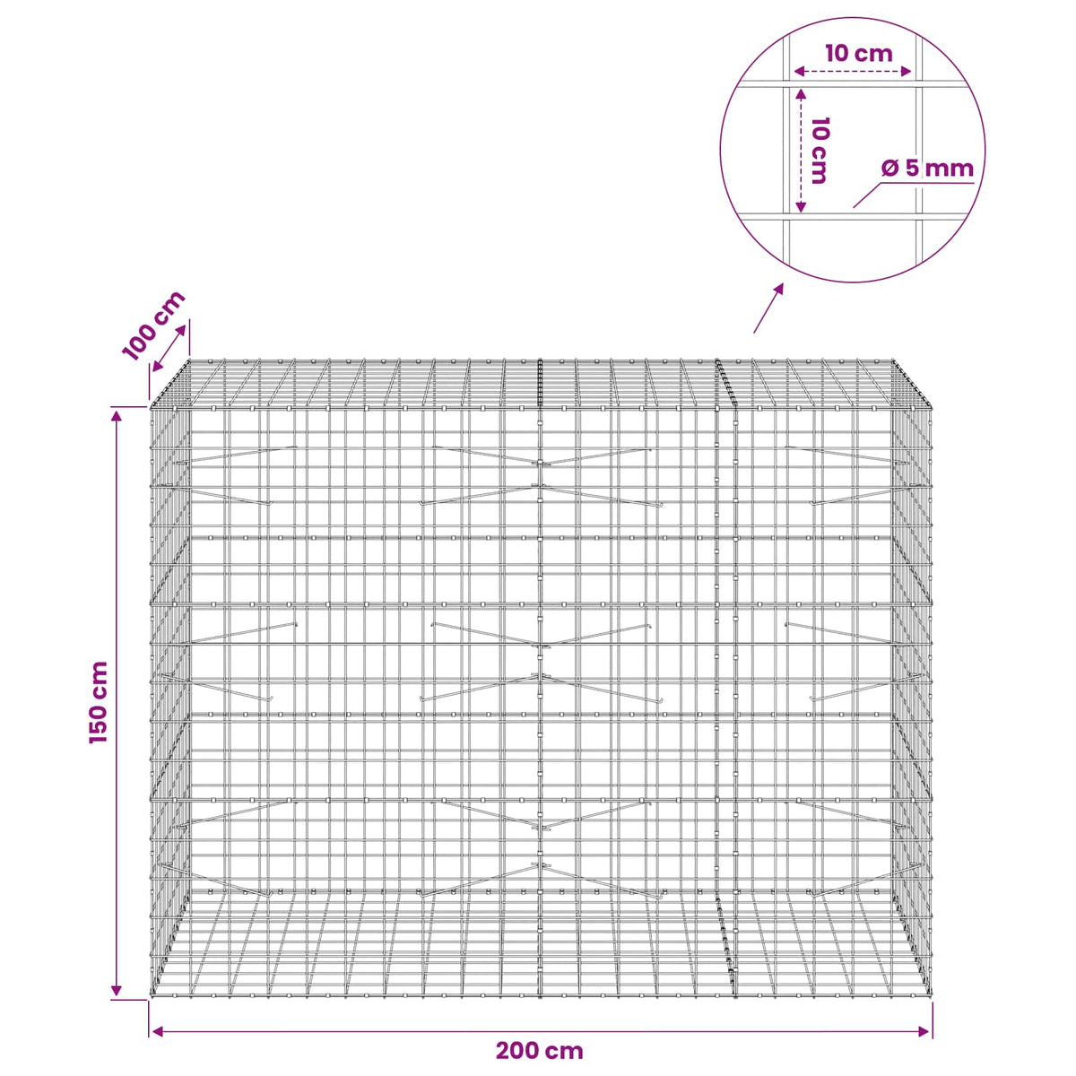 Gabionas su 5 mm viela ir 10x10 cm tinkleliu 200x100x150 cm